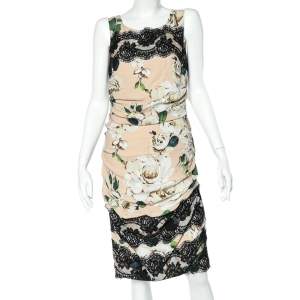 Dolce & Gabbana Beige Floral Printed Crepe & Lace Trim Ruched Sleeveless Dress L