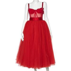 Pre Owned Dolce & Gabbana Red Tulle Bustier Midi Dress XS