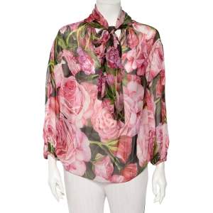 Pre Owned Dolce & Gabbana Pink Rose Printed Silk Neck Tie Detail Top M