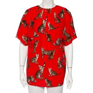 Dolce & Gabbana Red Cat Printed Silk Short Sleeve Blouse M