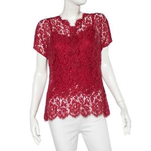 Pre Owned Dolce & Gabbana Red Floral Lace Button Detail Top L