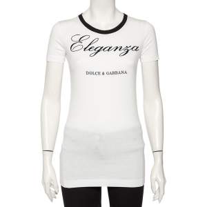 Pre Owned Dolce & Gabbana White Cotton Flocked 'Eleganza' Logo T-Shirt XS