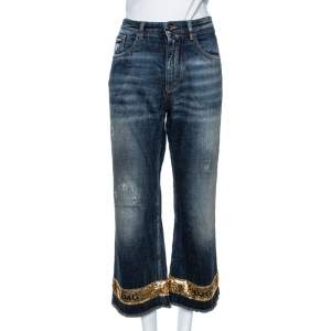 Pre Owned Dolce & Gabbana Indigo Distressed Denim Sequined Hem Pretty Jeans M