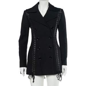 Dolce & Gabbana Black Wool Lace Up Detail Double Breasted Overcoat S