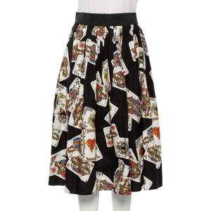 مملوكة مسبقًا Dolce & Gabbana Black Cotton Playing Cards Print Pleated Midi Skirt S