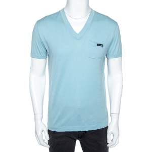 Pre Owned Dolce & Gabbana Sky Blue Cotton Patch Pocket Detail V-Neck T-Shirt L