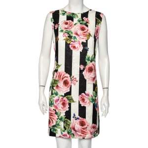 Pre Owned Dolce & Gabanna Rose & Stripes Print Silk Sleeveless Mini Dress XL 