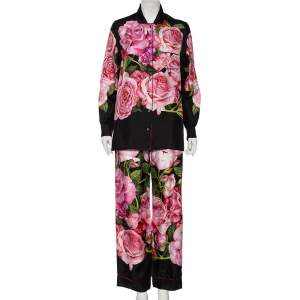 مملوكة مسبقًا Dolce & Gabbana Black Rose-Print Silk Pajama Set S