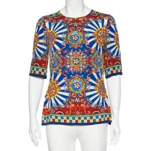 Pre Owned Dolce & Gabbana Multicolor Carretto Siciliano Printed Silk Top M