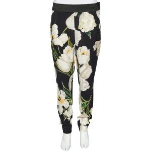 Pre Owned Dolce & Gabbana Black Tulip Printed Crepe Tapered Leg Trousers L