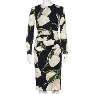 Pre Owned Dolce & Gabbana Black Tulip Printed Silk Ruched Midi Dress M