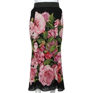 مملوكة مسبقًا Dolce & Gabbana Black Rose Printed Silk Pencil Skirt M