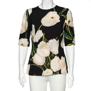 Pre Owned Dolce & Gabbana Black Floral Printed Crepe Three Quarter Sleeve Top M