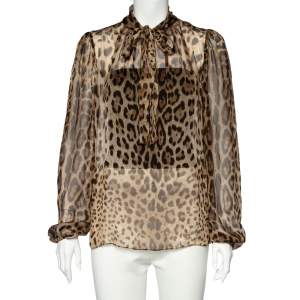 مملوكة مسبقًا Dolce & Gabbana Brown Animal Printed Silk Neck Tie Detail Top M