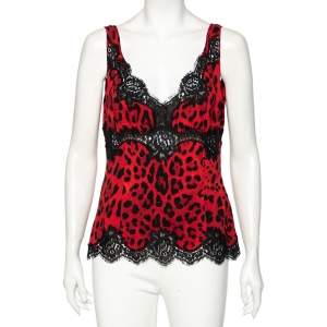 Dolce & Gabbana Red Leopard Print Silk Sleeveless Top L