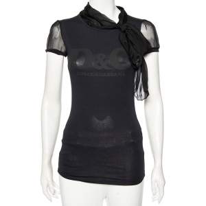 Pre Owned Dolce & Gabbana Black Logo Printed Cotton Knit And Silk Neck Tie Detail T-Shirt XS