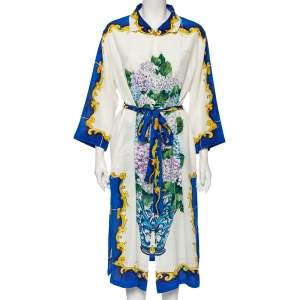 Pre Owned Dolce & Gabbana White Bouquet Printed Silk Button Down Belted Dress L