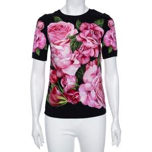 Dolce & Gabbana Black Floral Printed Crepe Short Sleeve Top S