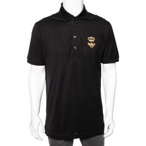 Pre Owned Dolce & Gabbana Black Cotton Pique Bee & Crown Embroidered Polo T-Shirt XL