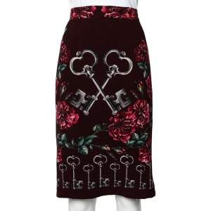 Dolce & Gabbana Burgundy Key And Floral Printed Crepe Pencil Skirt L