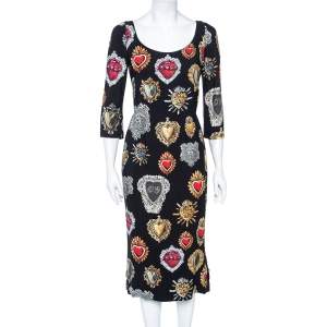 Pre Owned Dolce & Gabbana Black Sacred Heart Print Crepe Midi Dress S