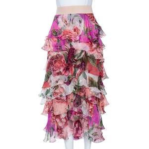 Dolce & Gabbana Pink Floral Print Silk Ruffled Maxi Skirt M