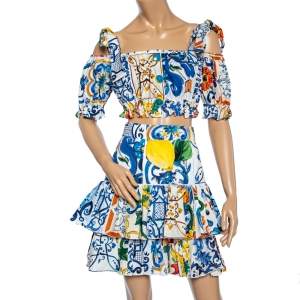 مملوكة مسبقًا Dolce & Gabbana Multicolored Majolica Printed Cotton Crop Top & Tiered Skirt Set S