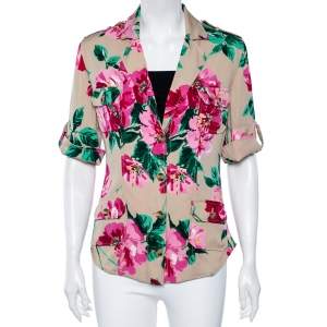 Pre Owned بلوزة دولتشي أند غابانا حرير مطبوع مورد بيج أزرار أمامية مقاس وسط (ميديوم)