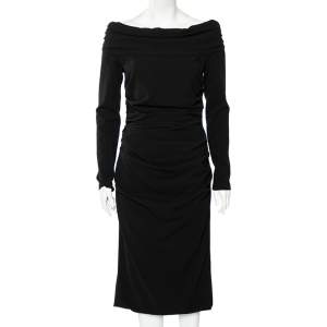 Dolce & Gabbana Black Wool Crepe Off Shoulder Ruched Midi Dress L