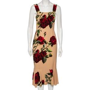 Pre Owned Dolce & Gabbana Beige Rose Print Crepe Fitted Sleeveless Dress S