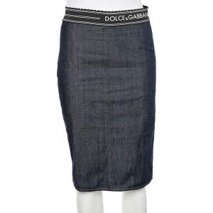 Pre Owned Dolce & Gabbana Navy Blue Denim & Synthetic Paneled Logo Waist Band Detail Pencil Skirt M