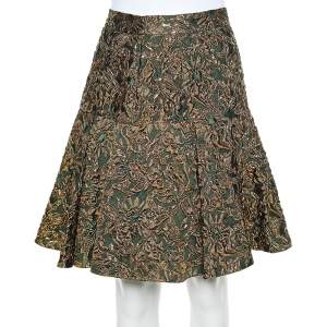 Pre Owned Dolce & Gabbana Green & Gold Floral Brocade Pleated Skirt M