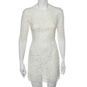 Pre Owned Dolce & Gabbana White Floral Lace Scalloped Hem Detail Dress S 