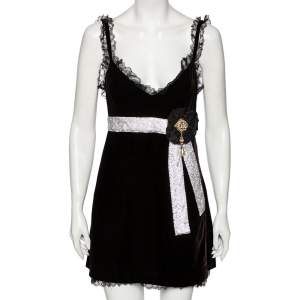 Pre Owned Dolce & Gabbana Black Velvet & Lace Trimmed Embellished Mini Dress M
