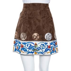 Dolce & Gabbana Brown Printed Embossed Cotton Short Skirt S