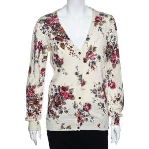 D&G Cream Floral Printed Wool Button Front Cardigan L 
