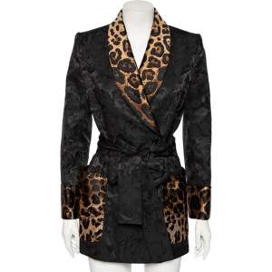 Dolce & Gabbana Black & Leopard Print Trimmed Jacquard Belted Coat S