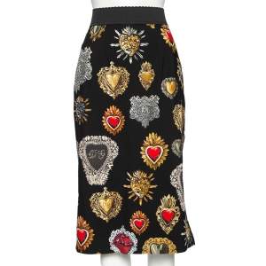 Dolce & Gabbana Black Sacred Heart Printed Crepe Midi Skirt M