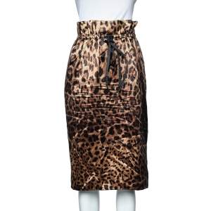 Dolce & Gabbana Brown Animal printed Silk Satin Paper Bag Waist Midi Skirt L