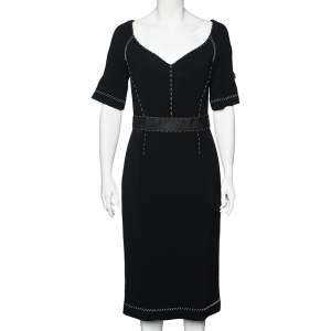 Pre Owned Dolce & Gabbana Black Crepe Contrast Detail Midi Dress L