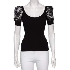 Pre Owned Dolce & Gabbana Black Knit & Lace Puffed Sleeve Top XS
