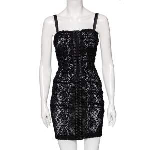 Pre Owned Dolce & Gabbana Black Lace Ruched Sleeveless Mini Dress XS