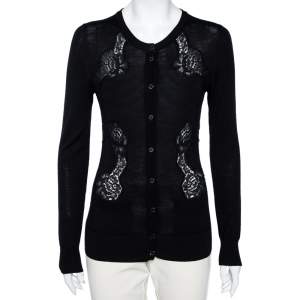 Pre Owned Dolce & Gabbana Black Knit & Lace Inset Button Front Cardigan S