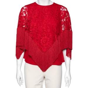 مملوكة مسبقًا Dolce & Gabbana Red Lace Overlay Fringed Poncho Top M