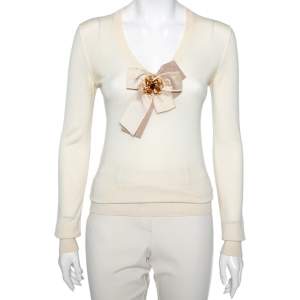 Pre Owned Dolce & Gabbana Vintage Yellow Cashmere Embellished Bow Detailed Sweater S