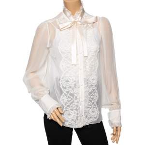 Pre Owned Dolce & Gabbana White Silk & Lace Ruffle Trimmed Button Front Shirt L