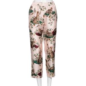 Dolce & Gabbana Pink Silk Floral & Cat Printed Pajama Pants M 