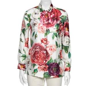 Pre Owned Dolce & Gabbana White Floral Printed Silk Button Front Shirt M 