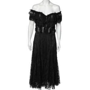 Pre Owned Dolce & Gabbana Black Lace Ruffled Off Shoulder Midi Dress L