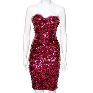Pre Owned Dolce & Gabbana Pink Sequin Embellished Ruched Strapless Dress S